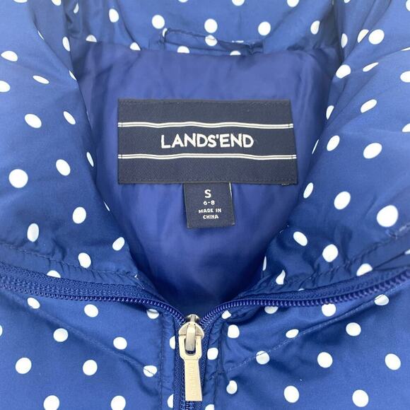 Lands' End Women's Size Small Down Puffer Vest Blue Full Zip White Polka Dots - Picture 4 of 8